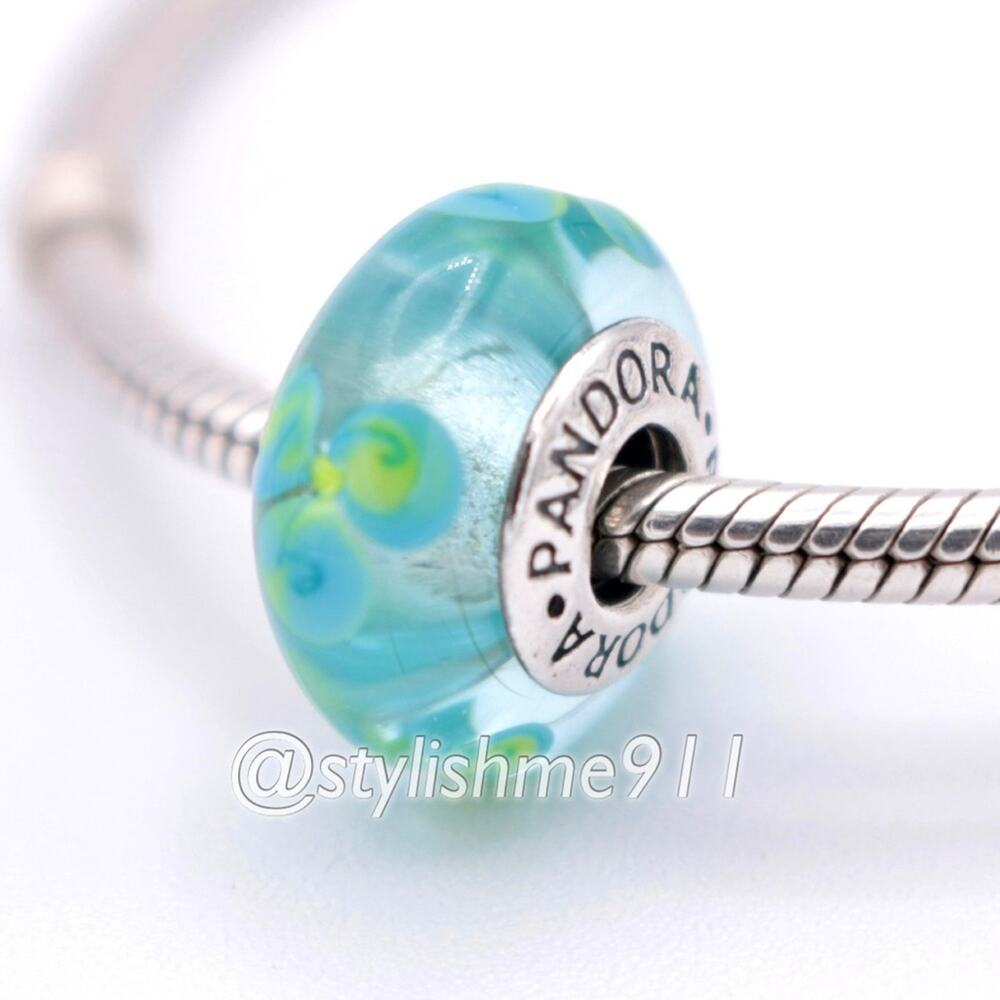 Authentic PANDORA Retired Clear Teal Flowers Charm
